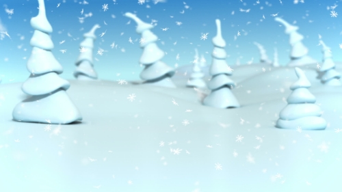 Snowfall at a fantasy cartoon forest