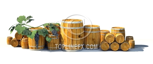 Different wine barrels on white background