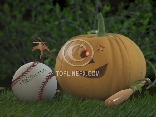 Funny pumpkin Halloween playing in baseball