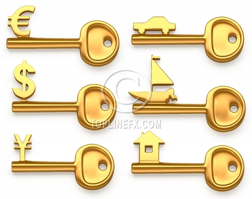 Gold keys symbolizing Euro,Dollar,Yena,House,Yacht and car
