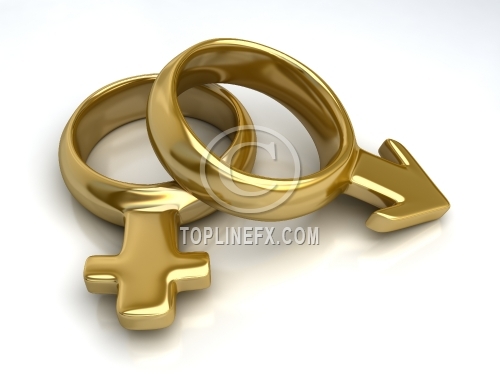 Male female gender symbols in golden rings