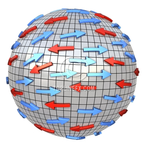 Red and blue arrows on abstract globe