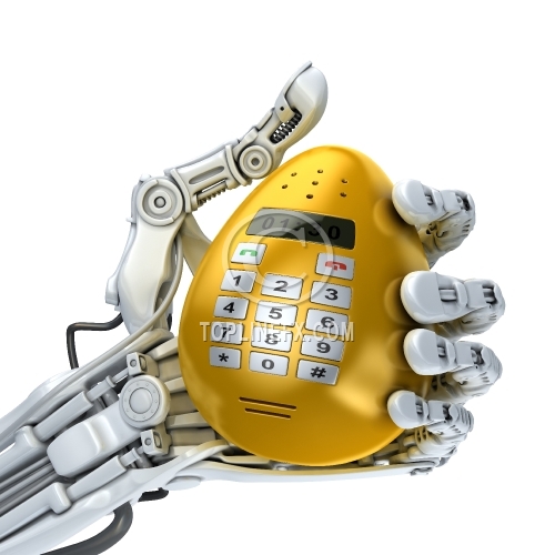 Robot hand holding a  fantasy golden smartphone like Easter egg