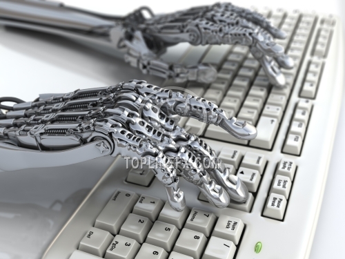 Robot works at keyboard. Futuristic 3d illustration