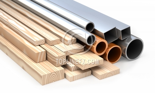 Set of planks, boards, metal tubes and pipes