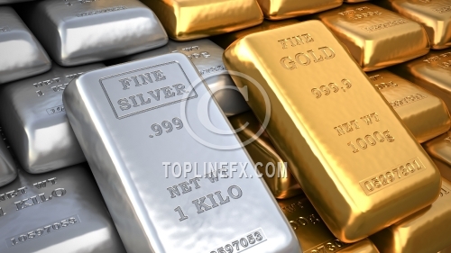 Silver ingot and  gold bullion. Finance illustration